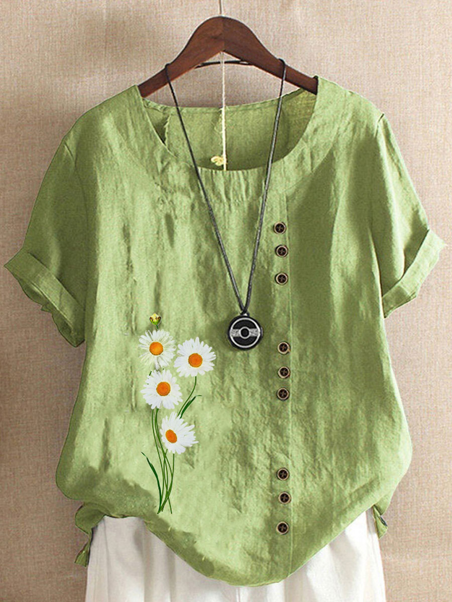 Round Neck Casual Loose Floral Print Short Sleeve Blouse