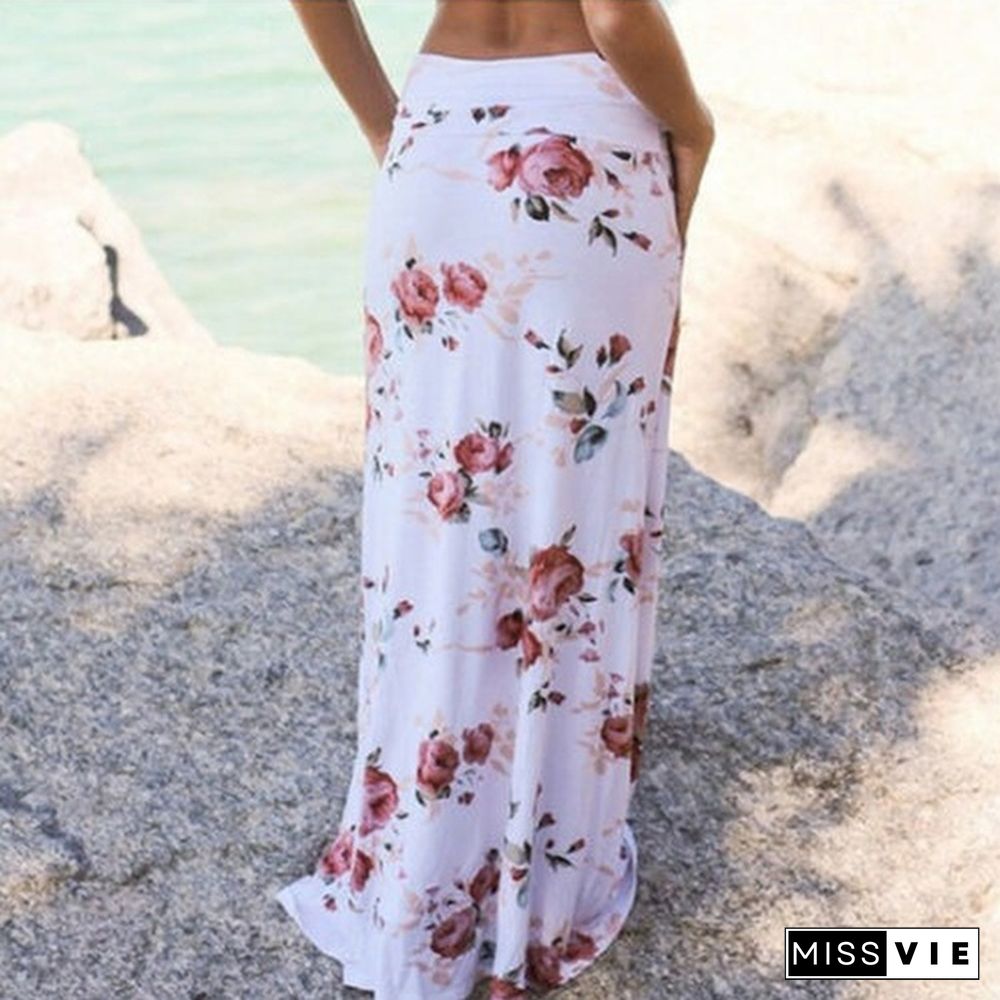 Women Elegant Summer Beach Flower Print Casual Maxi Skirt With Pocket