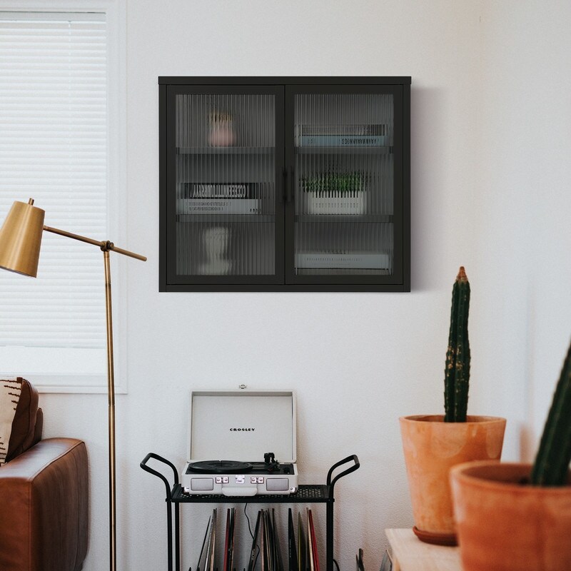 Modern Style Glass Door Wall Cabinet With Detachable Shelves