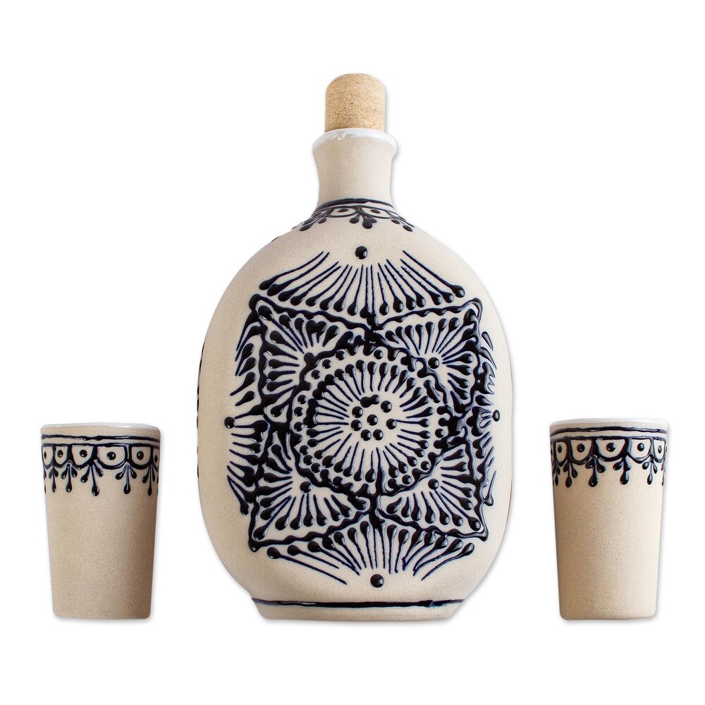 NOVICA Artisan Handblown Ceramic Tequila Decanter Beige Talavera Style Mexican Glasses 'Traditional Spirit'(Set of 3)