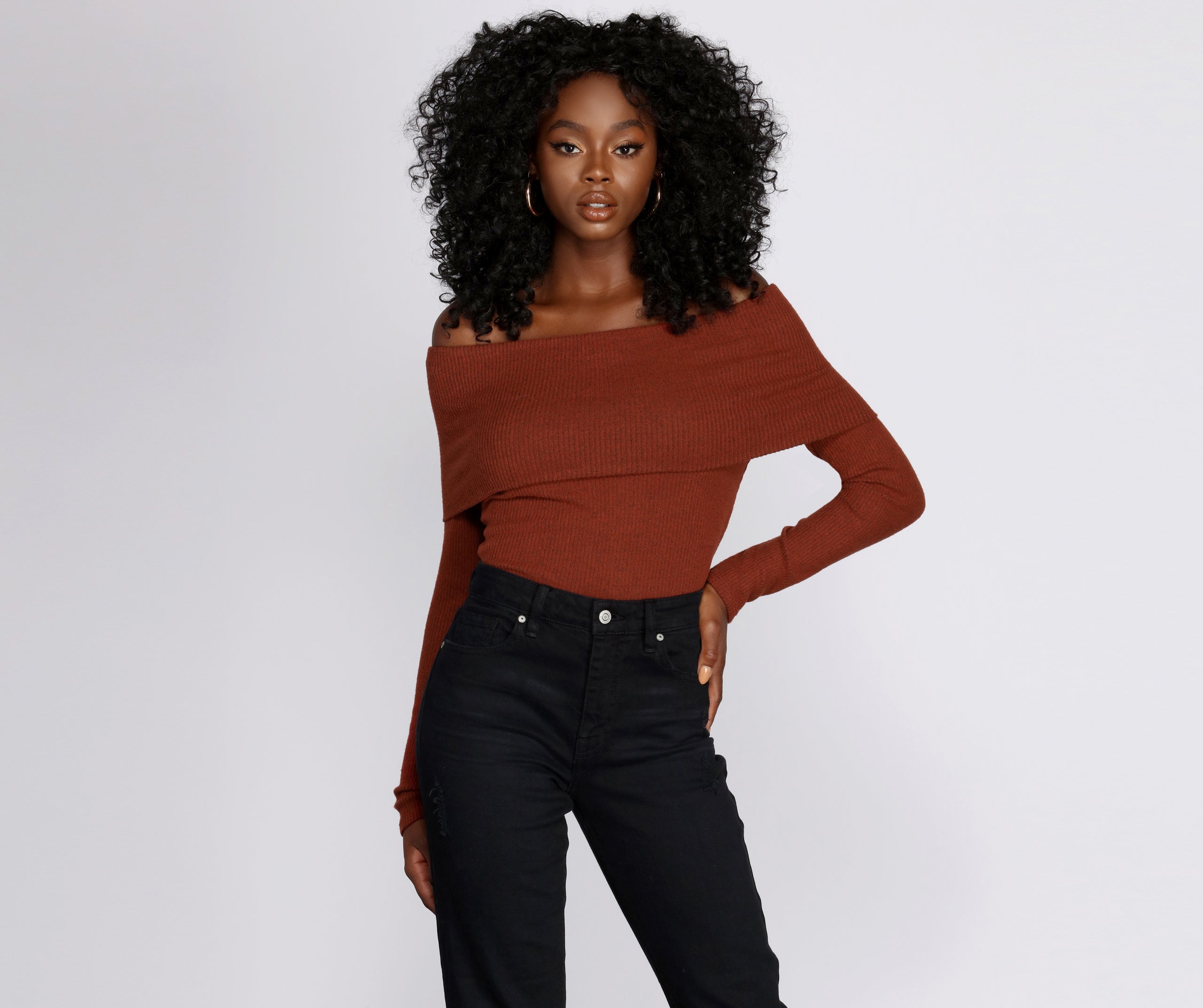 Off Shoulder Ribbed Sweater