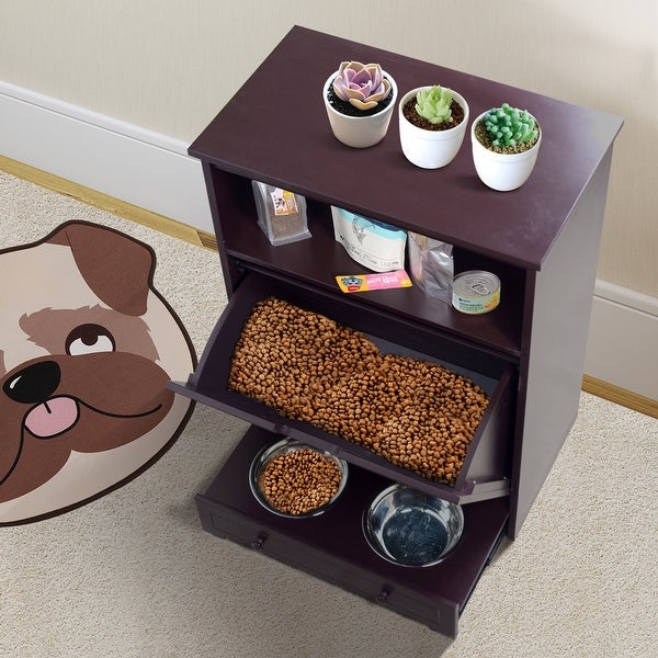 Pet Feeder Station Cabinet End Table with Storage， Stainless Bowl