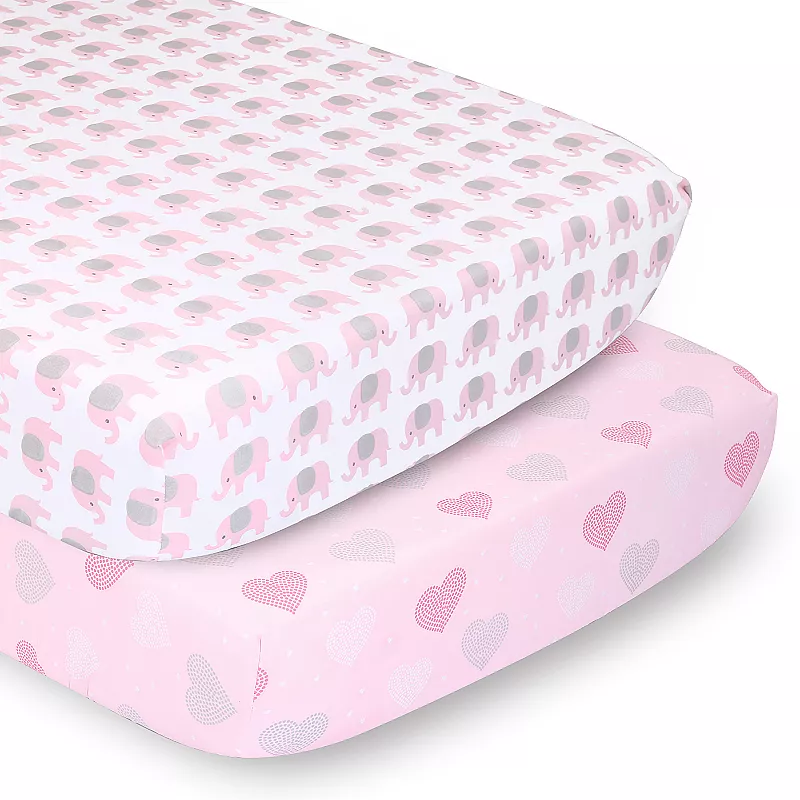 The Peanutshell 2 Pack Pink Elephants and Hearts Fitted Crib Sheets