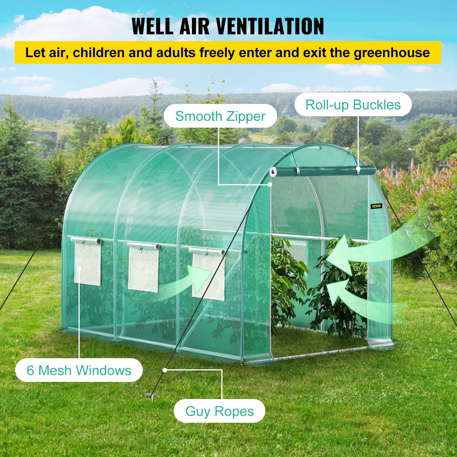 VEVORbrand Walk-in Tunnel Greenhouse, 10 x 7 x 7 ft Portable Plant Hot House w/ Galvanized Steel Hoops, 1 Top Beam, Diagonal Poles, Zippered Door & 6 Roll-up Windows, Green