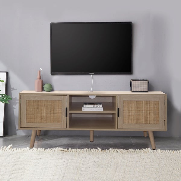 Anmytek 47 inch Natural Oak TV Stand Fits TVs Up to 55 in Entertainment Cabinet Media Console with Rattan Doors