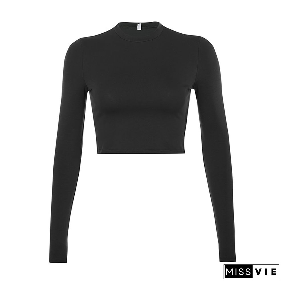 Solid Basic Long Sleeve Womens Tshirt Casual Black White Fashion Crop Top T Shirt Ladies Fashion Korean Tee Shirt