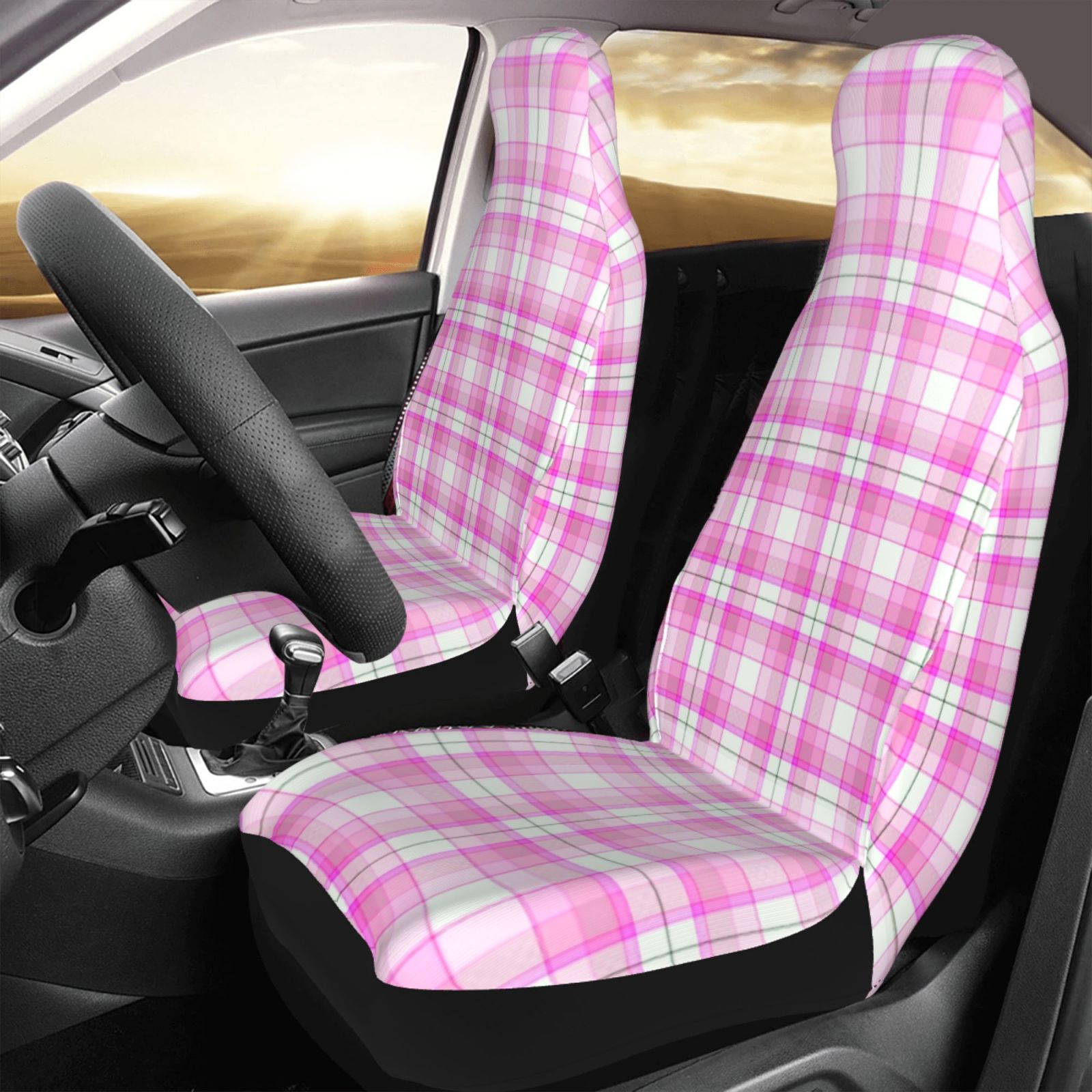 TEQUAN Front Seat Covers， Pink Plaid Texture Pattern 2 Piece Car Seat Cover Fit Most Car SUV Truck Van