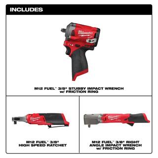 MW M12 FUEL 12V Li-Ion Brushless Cordless Stubby 38 in. Impact Wrench wRight Angle Impact Wrench  High Speed Ratchet 2554-20-2564-20-2567-20