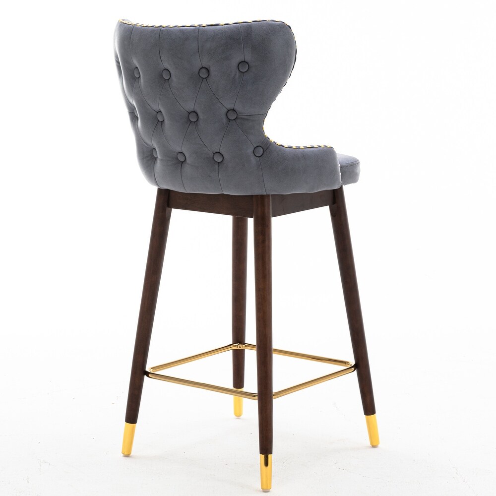 Modern Leather Fabric Bar Stool with Gold Nailheads   Solid Wood Legs  Set of 2