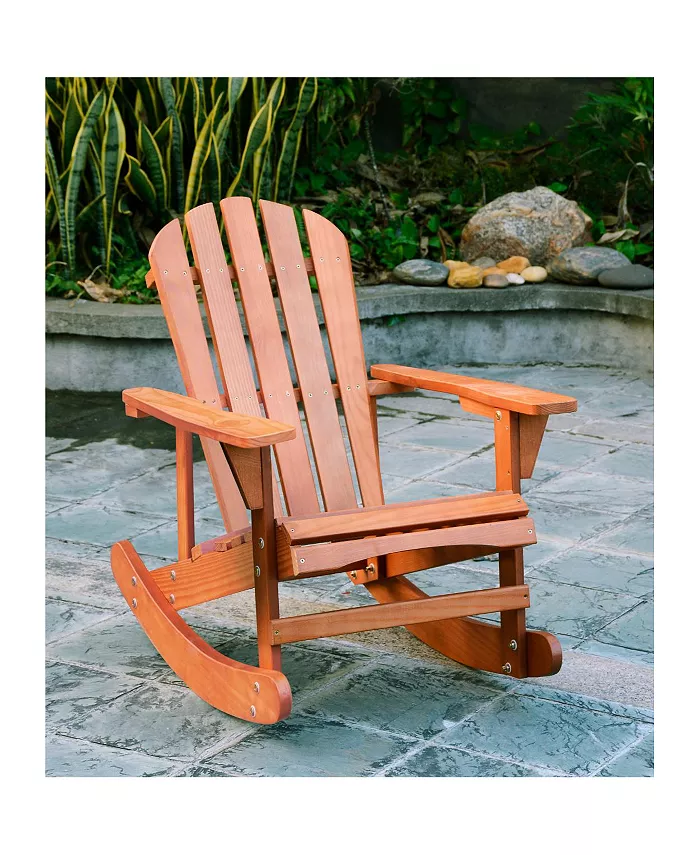 Simplie Fun Adirondack Rocking Chair Solid Wood Chairs Finish Outdoor Furniture for Patio Backyard Garden - Walnut Brown