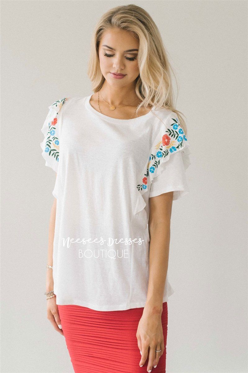 Cute Embroidered Ruffle Sleeve Top