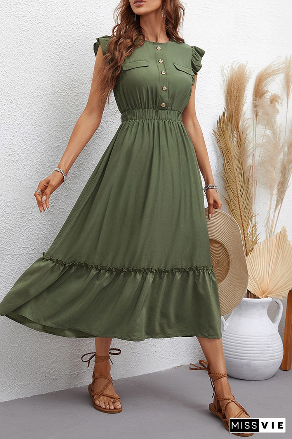 Green Button Down Short Sleeve Long Dress Wholesale