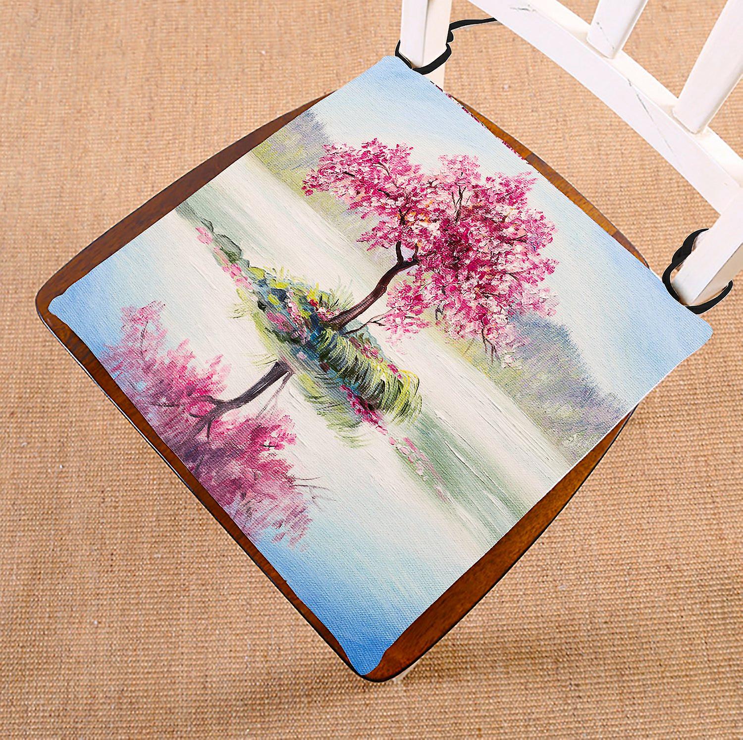 Oil Painting Landscap Chair Pad， Cherry Blossom Tree Pink Seat Cushion Chair Cushion Floor Cushion 40x40 Cm