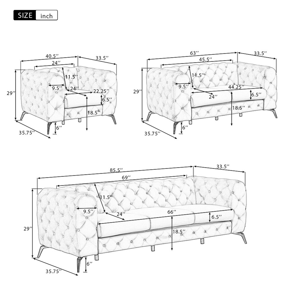 3 Piece Tufted Sofa Set in Velvet 3 Seat Sofa Loveseat Single Chair   189\