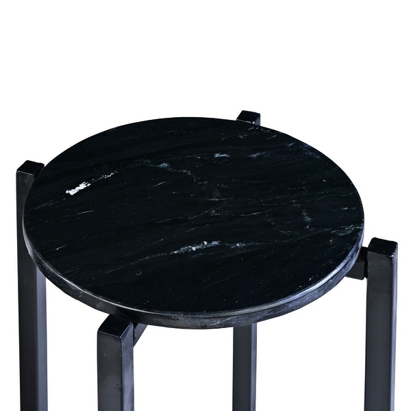 Ivy 24.5 Inch Round Marble Top Accent Side Table with Metal Frame， Black