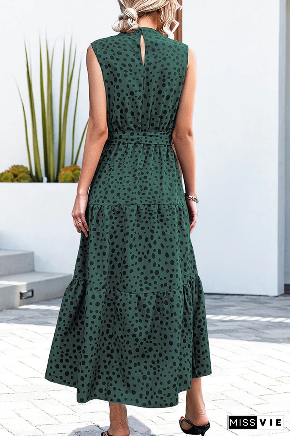 Polkadot Sleeveless Waist Tie Knot Long Dress