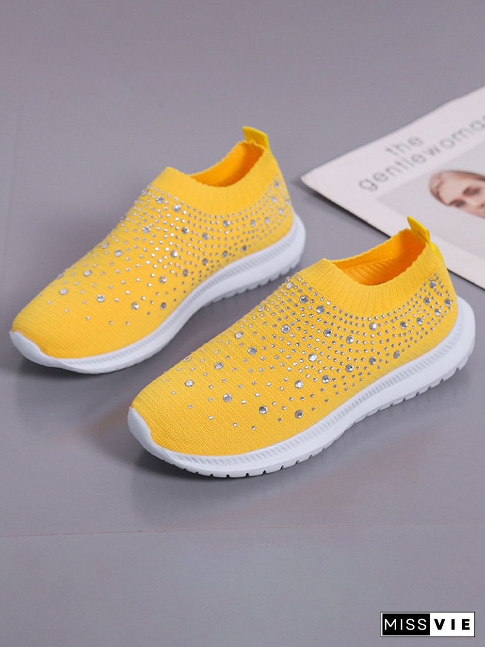 Rhinestone Design Portable Overfoot Lightweight Flyknit Sneakers