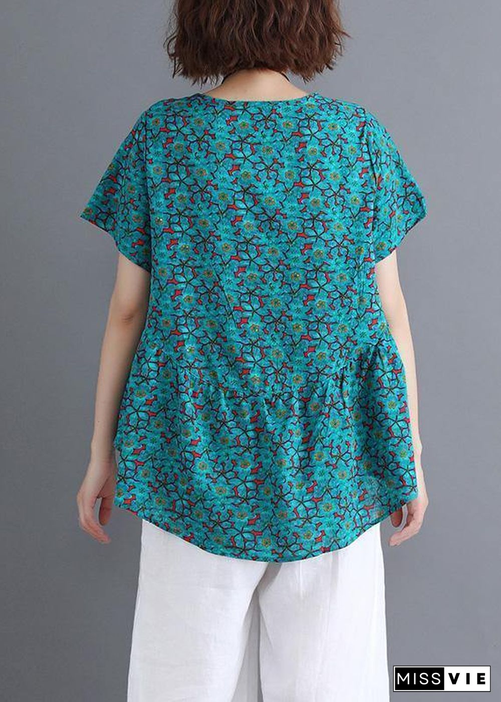 Sold Out-Bohemian o neck Cinched cotton shirts Wardrobes green print blouse summer