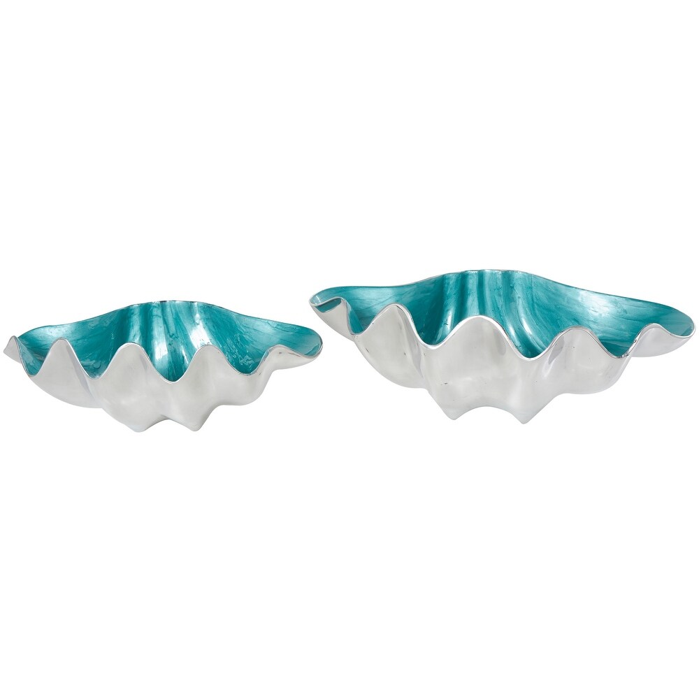 Blue or White Aluminum Enameled Shell Decorative Bowl with Silver Metal Exterior (Set of 2)