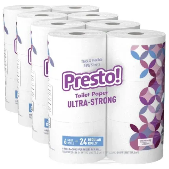 Amazon Brand – Presto! 308-Sheet Mega Roll 2-Ply Toilet Paper, Ultra-Strong, 24 Rolls (4 Packs of 6), Equivalent to 96 Regular Rolls, White