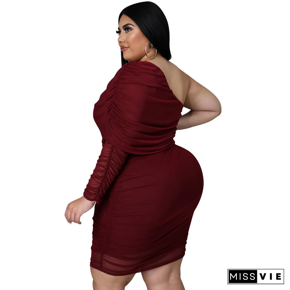 Plus Size Mesh Solid Single Sleeve Bodycon Dress