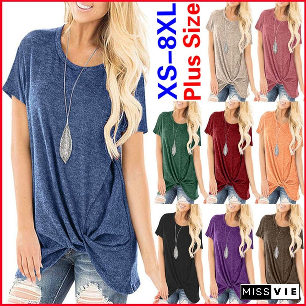 Plus Size S-8XL Fashion Women Spring Summer Short Sleeve T-shirt Ladies Solid Color Blouses Casual Round Neck Shirt Loose Tunic Tops Irregular Cotton Tops