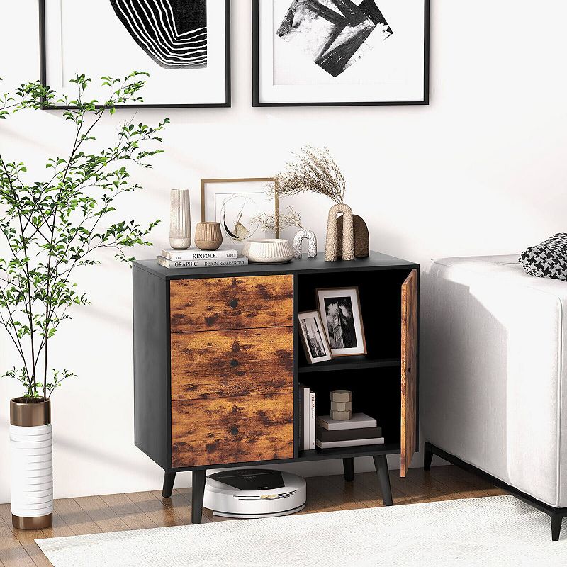 Mid-Century Wood Storage Cabinet with Door and 3 Drawers