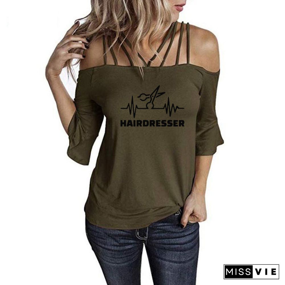 New Fashion Summer Heartbeat Hairdresser T Shirt Women Casual Cotton Short Sleeve GirlsShoulderSling Tee Tops