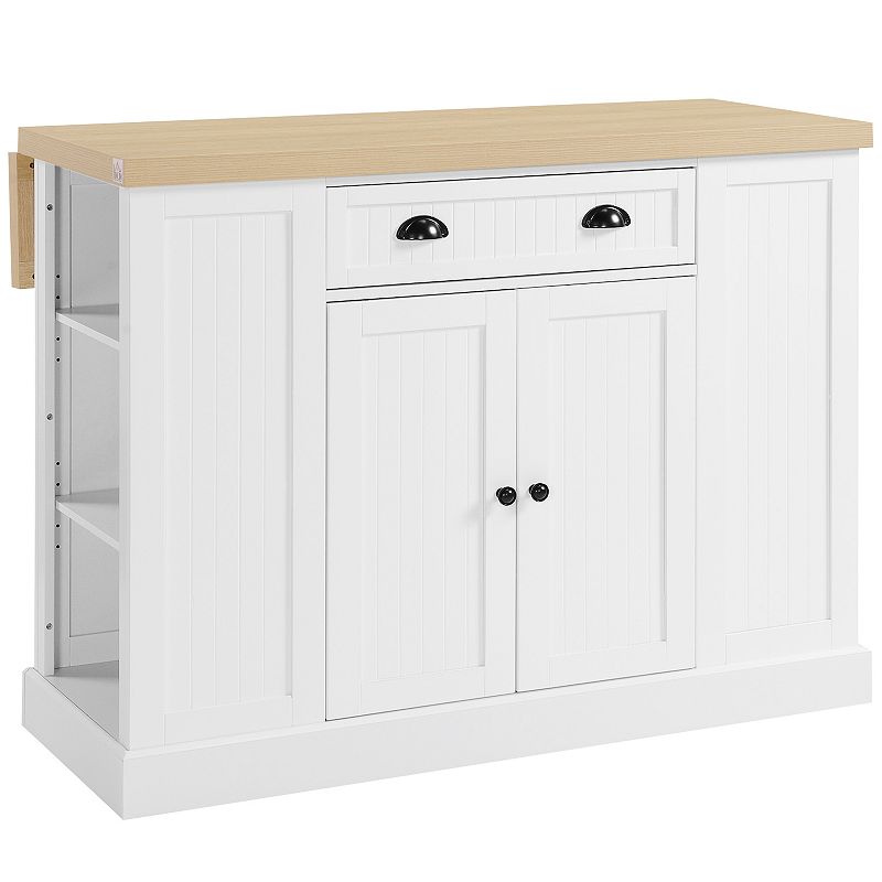 HOMCOM 47 Fluted Style Wooden Kitchen Island Kitchen Countertop Storage Cabinet with Drop Leaf Drawer Open Shelves Storage White