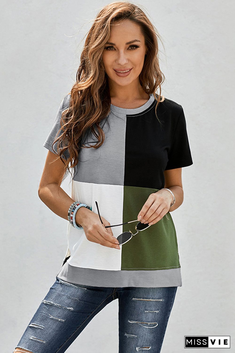 Army Green Colorblock T-shirt with Slits