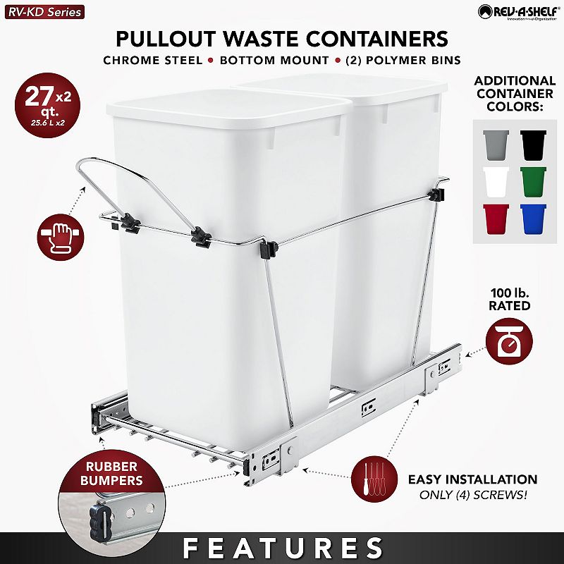 Rev-a-shelf Double Pull Out Trash Can 27 Qt For Kitchen， Green， Rv-15kd-1918c-s