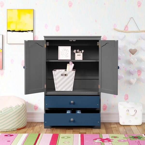 Cute Children's Wardrobe Side Cabinet 2 Doors with 1 Clothes Rail， 1 Shelf， 2 Drawers， Anti-Falling Hardware - - 36073581