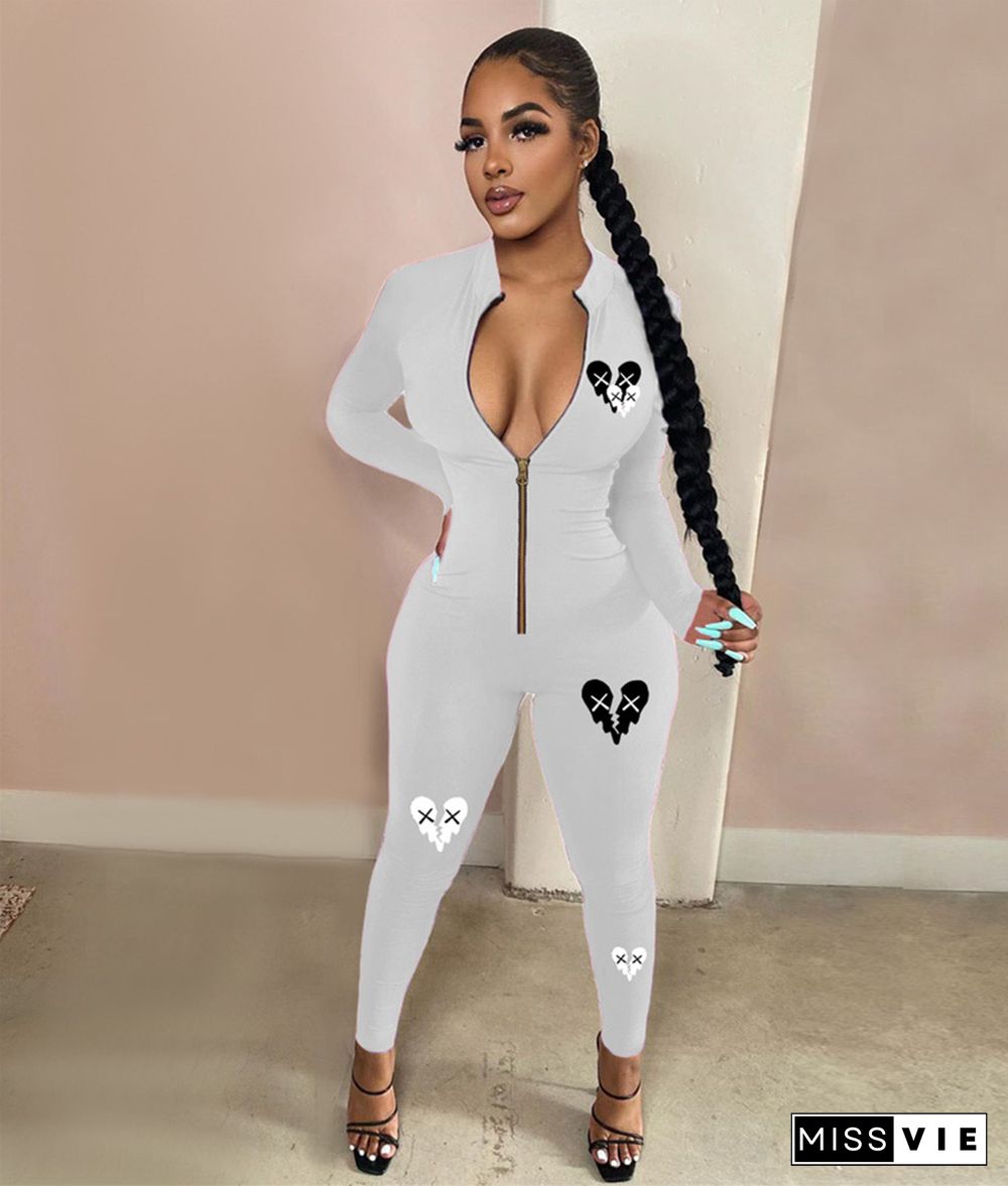 Casual Printing Long Sleeve One Piece Jumpsuit