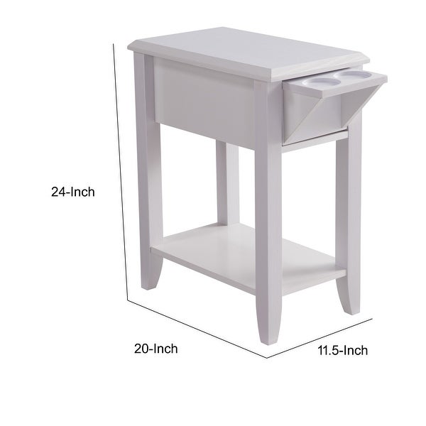 24 Inch Modern Chairside Table with Extendable Drawer and Cupholders， White