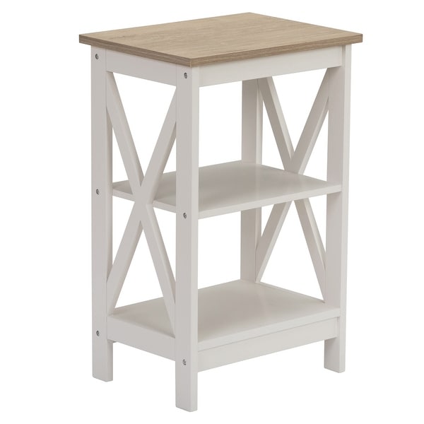 Set of 2 End Table， 3-Tier Wood Nightstand Side Table with X-Design Side for iving Room， Bedroom， Ivory White