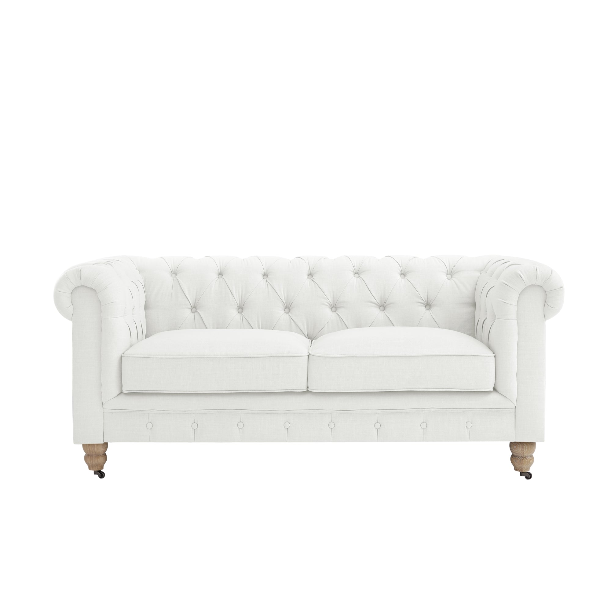 Shabby Chic Audriana Button Tufted Loveseat Linen Sofa With Casters, Cream White 71 x 33.5 x 30.4