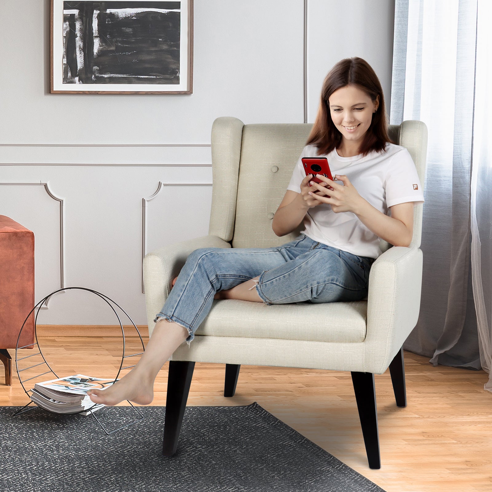 July's Song Accent Chair,Mid Century Modern Wingback Chair,Tufted Fabric Comfy Living Room Chair,Beige