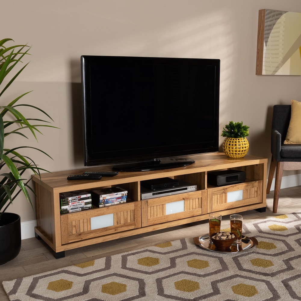 Gerhardine Oak Brown Finished Wood 3 Drawer TV Stand