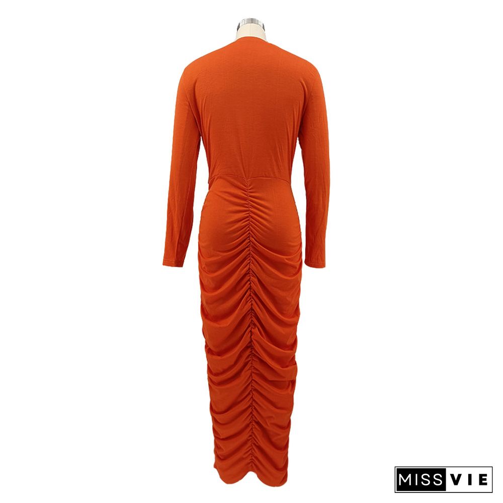 Long Sleeve Round Neck Pleated Bodycon Dress