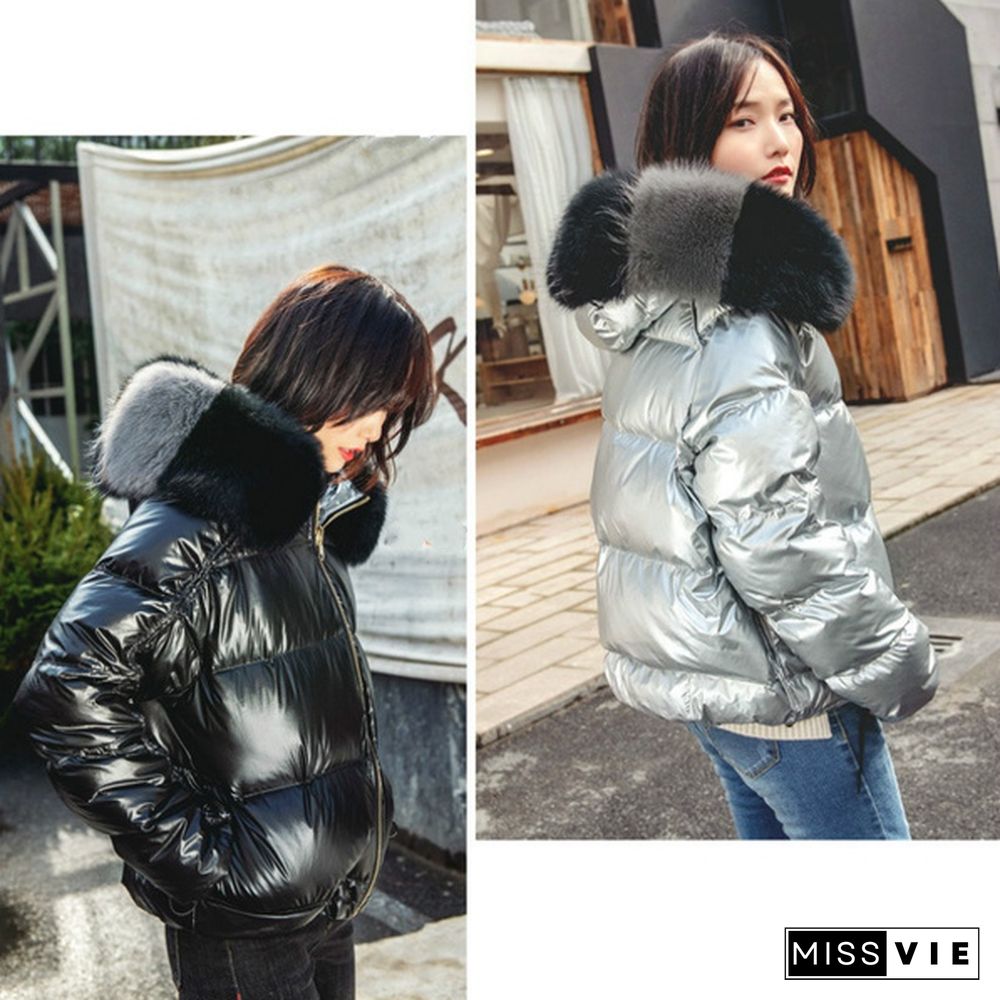 Women Duck Down Coat Fur Hooded Parka Warm Jacket Puffer Shiny Ski Winter