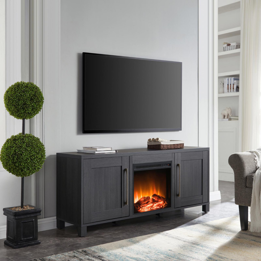 Transitional TV Stand  Fireplace  Side Cabinets With Brass Pulls  Charcoal Gray   Transitional   Entertainment Centers And Tv Stands   by Declusia  Houzz