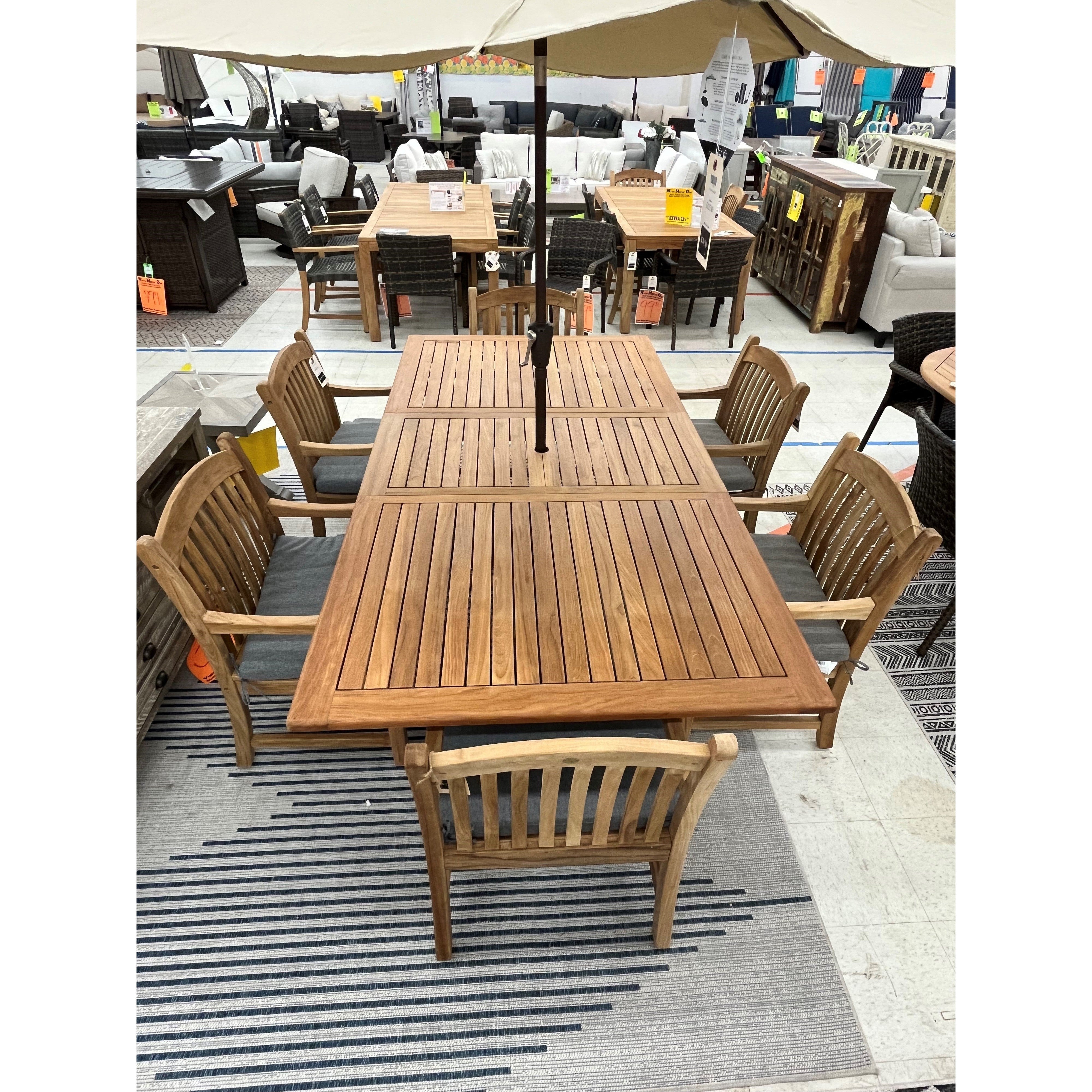 Bali Teak 7pc Outdoor Dining Set (Teak Rectangular Extendable Table 70-94 with 6 Woven Sanur Armchairs)