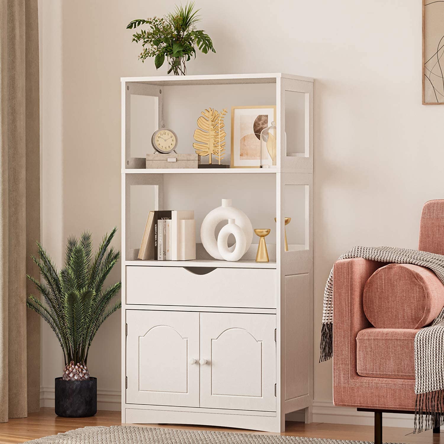 White Sideboard Storage Cabinets for Kitchen with Drawer， Pantry Storage Cabinet with Microwave Space and 1 Cupboard