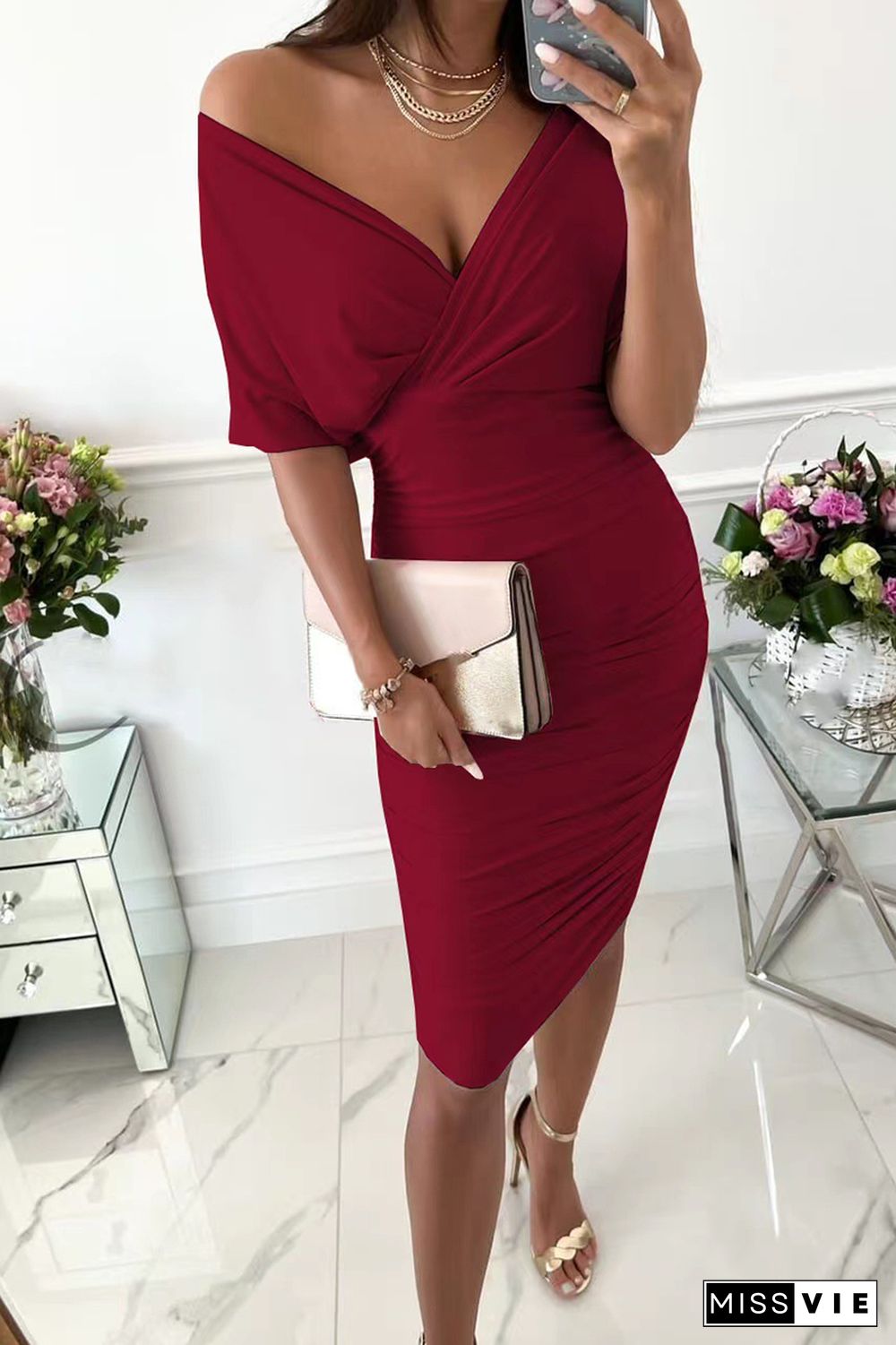 Bat Sleeve V Neck Ruched Midi Dress