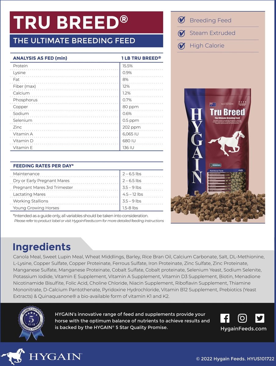 Hygain Tru Breed Breeding Horse Feed， 44-lb bag