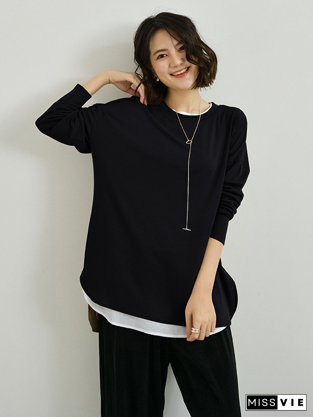 Simple Long Sleeves Loose Split-Side Solid Color Round-Neck T-Shirts Tops