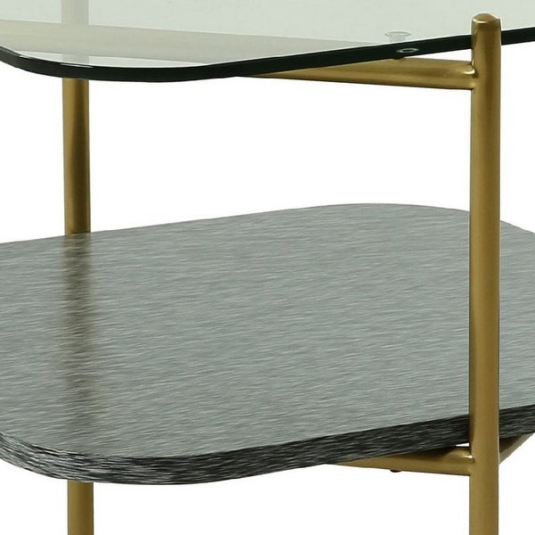 Cid Troy 24 Inch Modern 2 Tier End Table， Glass Top， Gold Metal Legs， Gray