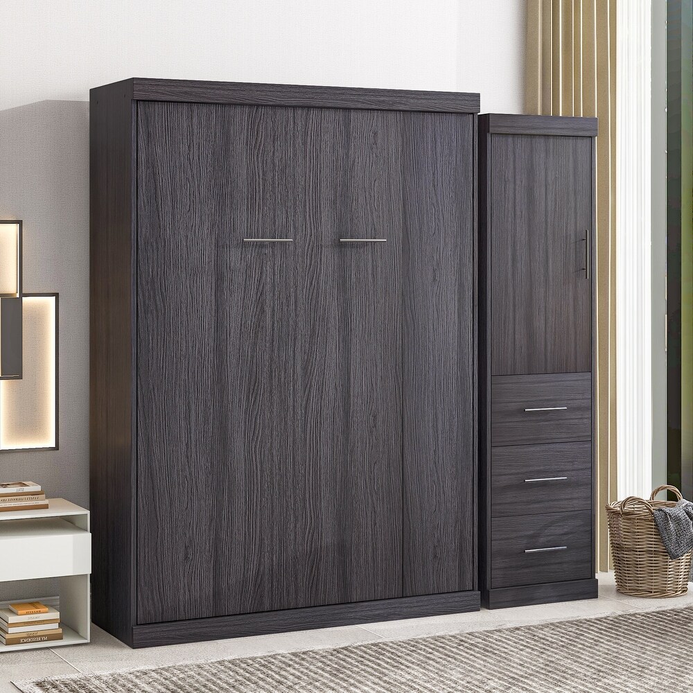 Murphy Bed with Wardrobe and 3 Storage Drawers  Pine Wood Multifunctional Storage Wall Bed  Can be Folded into A Cabinet