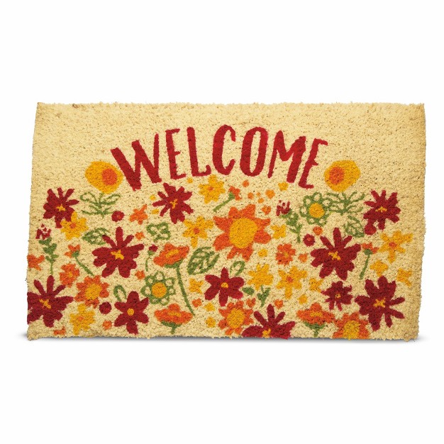 Welcome Sentiment Bright Flowers Rectangle Indoor Outdoor Coir Door Welcome Mat Red Orange On Yellow Background