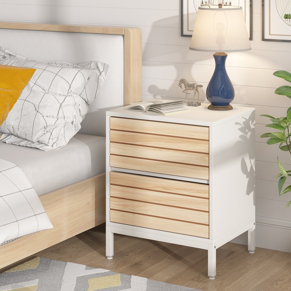 Modern Nightstand Set of 2  White Wood Nightstands with 2 Drawers